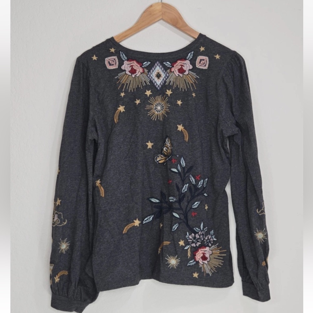 Johnny Was Selah Cuffed Puff Long Tee Crew Floral Embroidery Shirt Size S Womens - Picture 2 of 6